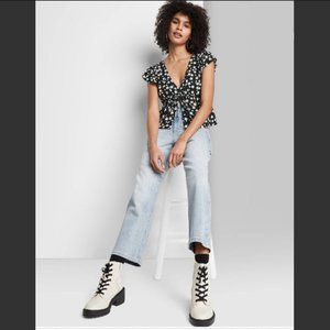 Women Flutter Sleeve V-Neck Tie Front Flyaway Top